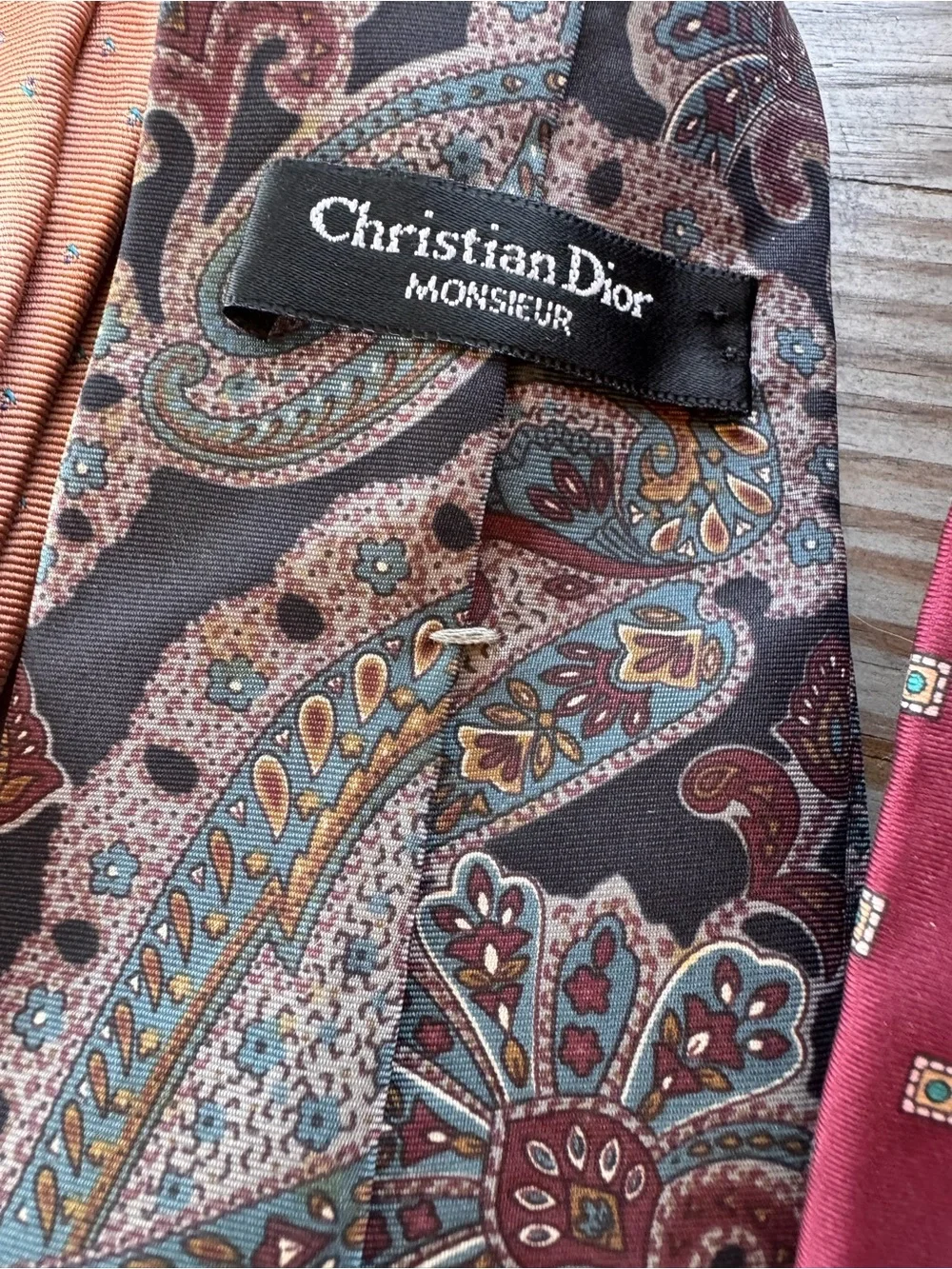 Dior Men's Neckties in Burgundy, Navy, Peach, Brown and Gray Patterns